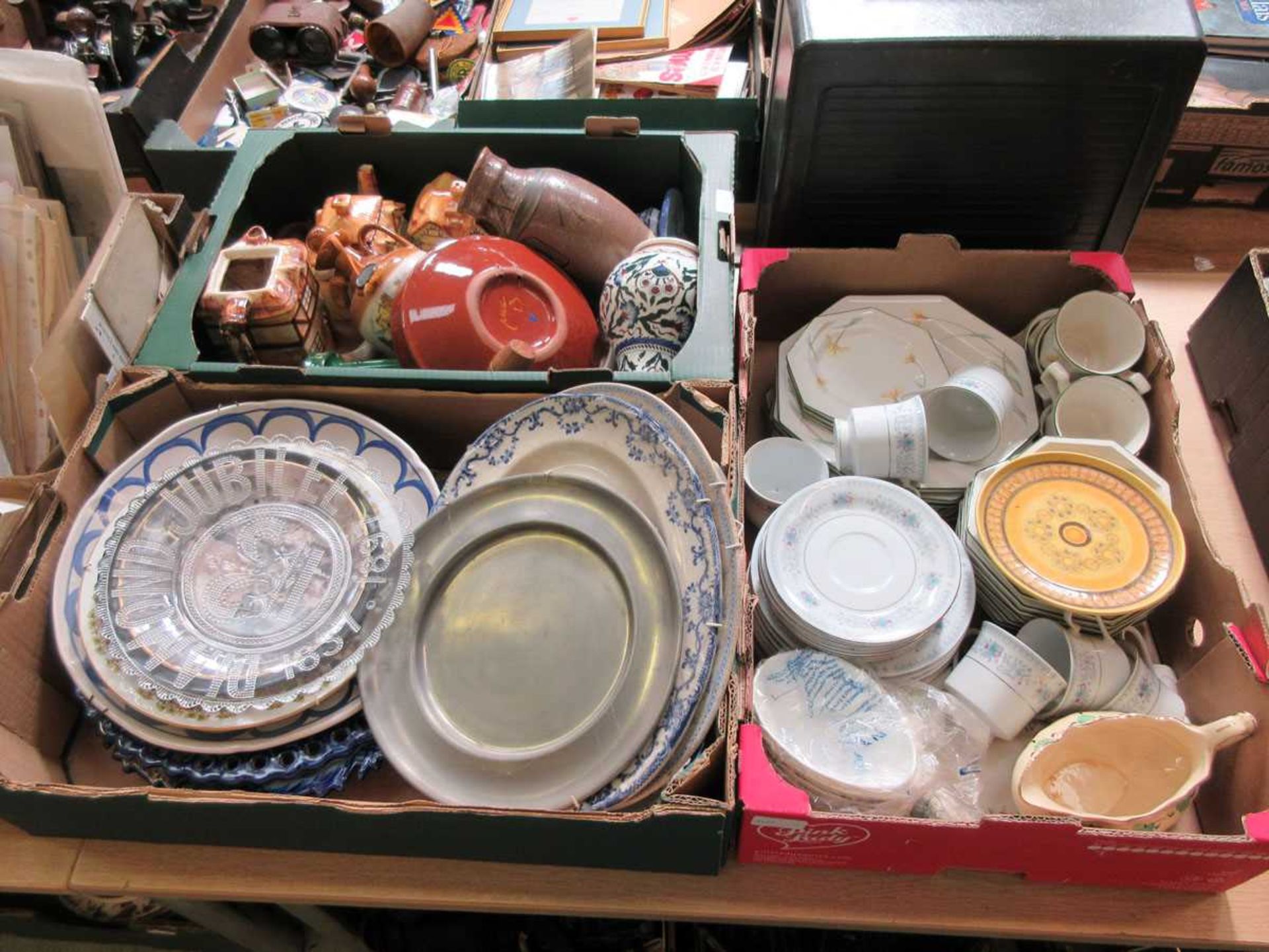 Three trays containing ceramics, coronation ware, glazed stoneware, etc