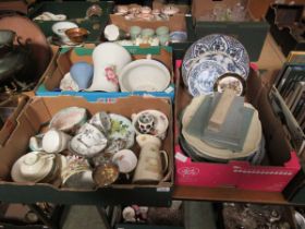 Three trays of ceramic items to include silver wedding related items, jugs, plates, etc