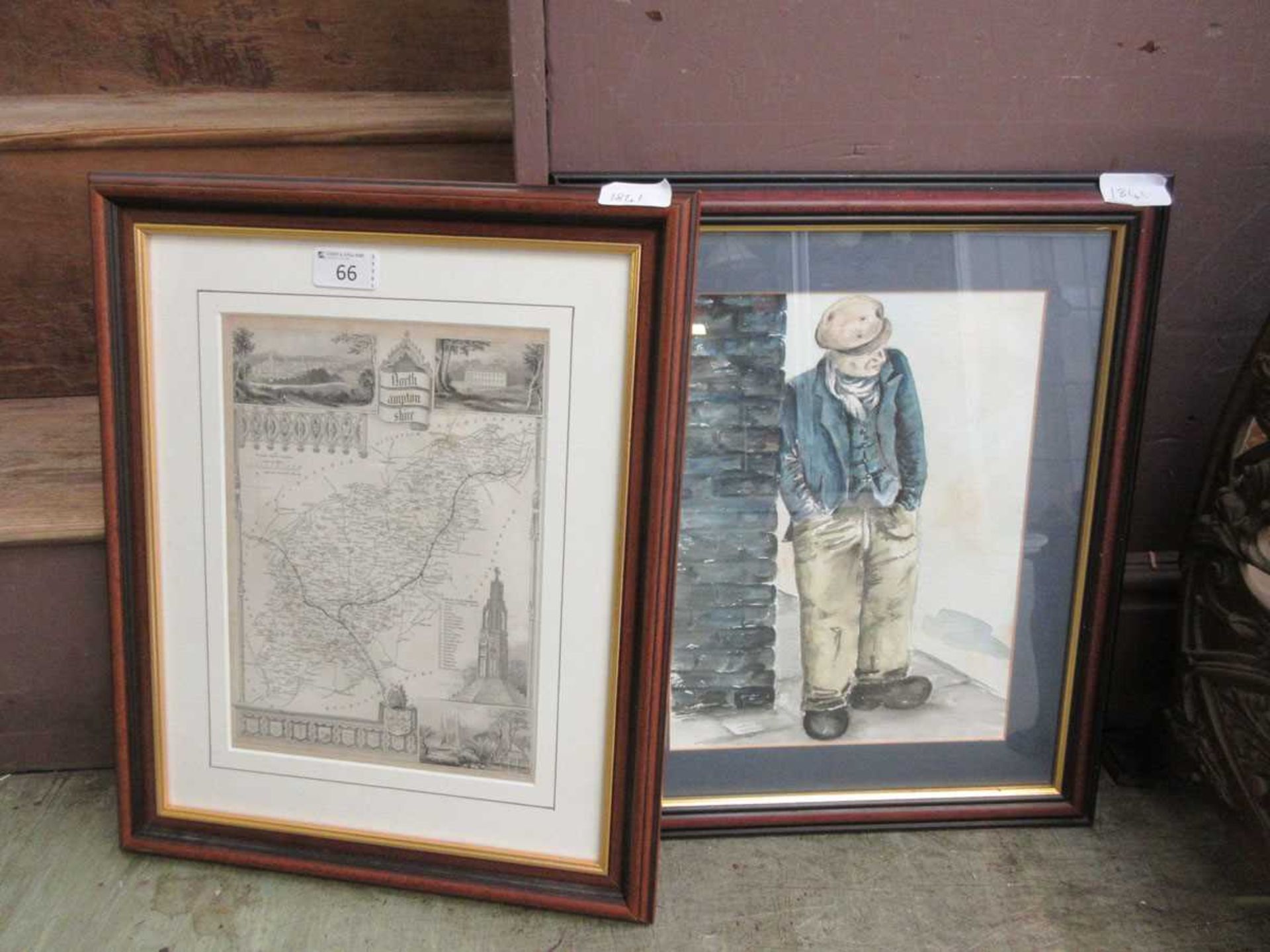A framed and glazed watercolour of gentleman along with a map of Northamptonshire