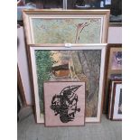 Three artworks to include two prints of tree in courtyard scene along with an Asian cut paper
