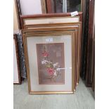 Four framed and glazed paintings of flowers along with a set of four limited edition prints of
