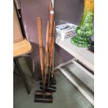 Five croquet mallets with Lignum Vitae heads along with accessories