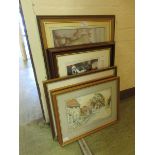 Five framed and glazed artworks to include signed print of cricketer, watercolours of village