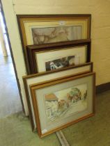 Five framed and glazed artworks to include signed print of cricketer, watercolours of village