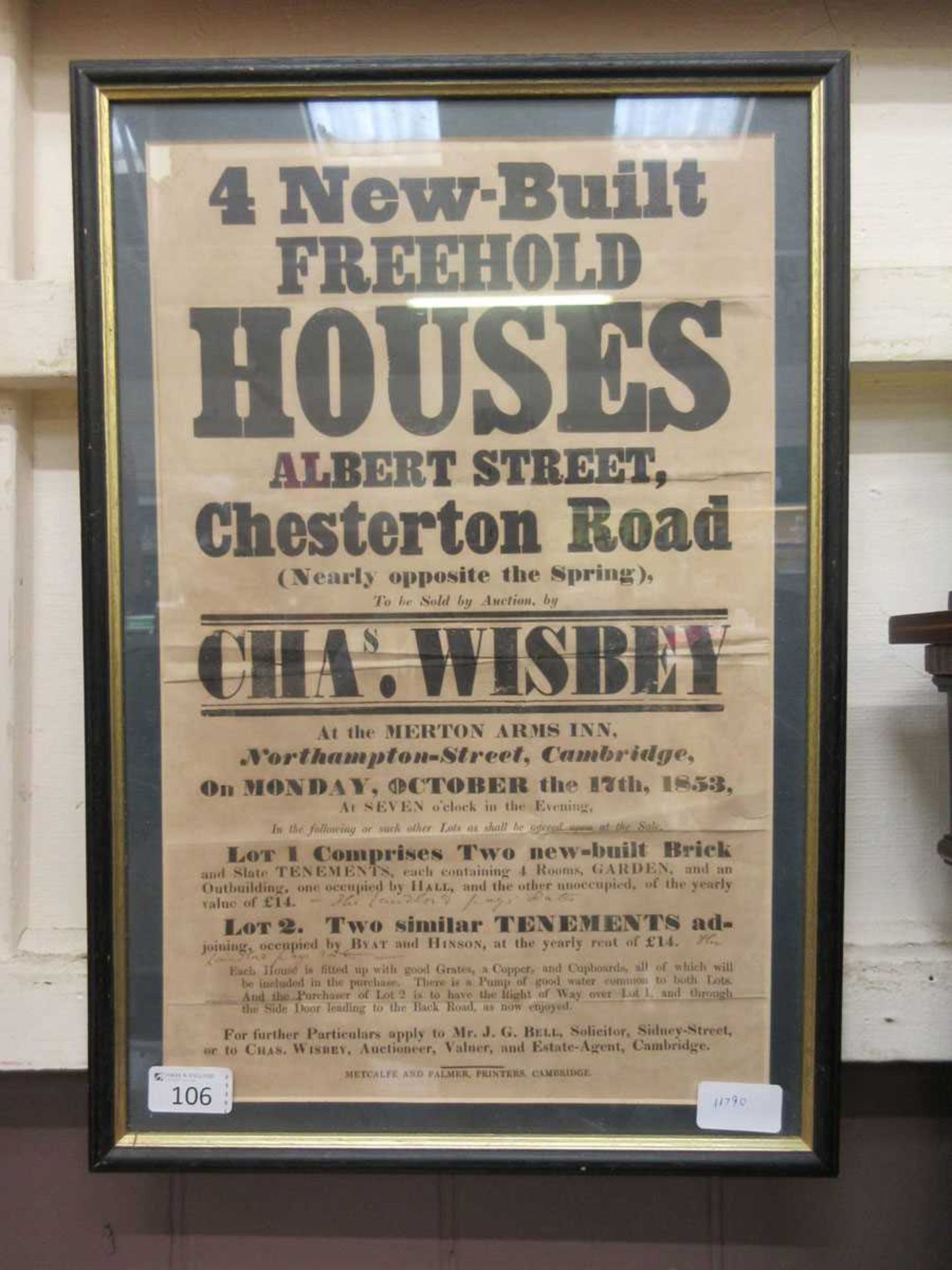 A framed and glazed advertising poster for auction of 'Four New-Built Freehold Houses'