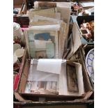 A tray containing an assortment of ephemera to include stereoscopic slides, unframed prints, etc