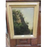 A framed oil on board of cliff scene