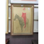 A framed Picasso print depicting a jester upon a horse