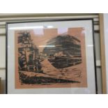 A framed and glazed monochrome print of an abstract village in hill