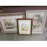 Three framed and glazed artworks to include pastel of roses, oil of frozen river scene signed