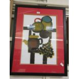 A framed and glazed oil painting of abstract still life