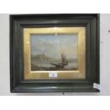 A framed and glazed late Victorian oil on canvas of harbour scene with boats