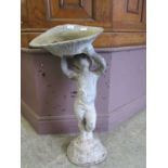 A lead birdbath with child column Dimensions: H, 77cm , W, 44cm , D, 26cm. Crack to body and to left