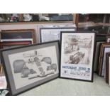 A collection of four car racing prints to include advertising poster, F1 car, mounted message from