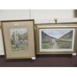 A framed and glazed watercolour of church scene signed bottom right V.Baker together with a framed