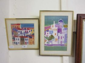 Two modern gilt framed and glazed artworks of continental street scenes