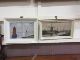 Two white framed oils on canvas, one of sailing boats, the other of windmill on canal scene,