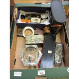 A tray containing ship in bottle, cased set of binoculars, toddy ladle, etc