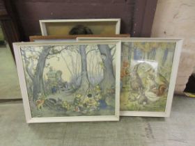 Three framed and glazed prints with a children theme along with a pair of prints of flowers and