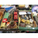 Two trays of assorted items to include wooden tray, cash boxes, pens, brush set, etc