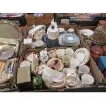 Four trays of decorative ceramic ware to include cups, saucers, lamps, part tea set, etc