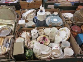 Four trays of decorative ceramic ware to include cups, saucers, lamps, part tea set, etc