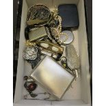 A carton containing costume jewellery, cigarette box, etc