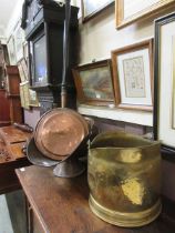 A copper coal scuttle together with a bed warming pan and a brass coal bin