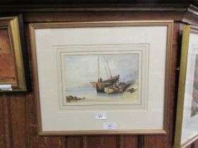 English school, 19th century, fishing boats and figures at low tide, undigned, watercolour, 16cm x