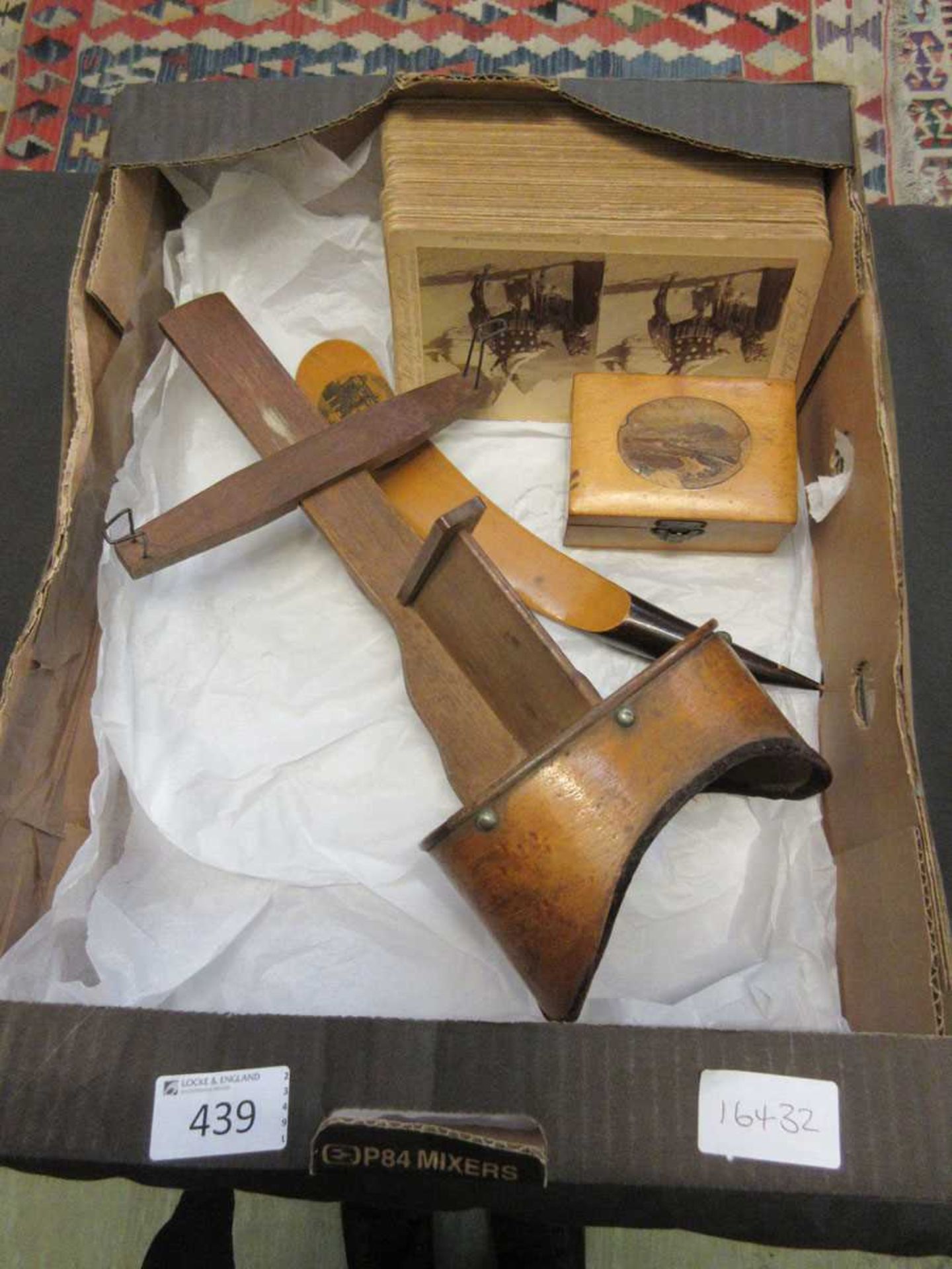 A 'Perfecascope' stereoscope together with slides and two mauchline ware items to include boxed