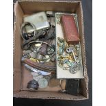 A carton containing pen knives, coinage, cigarette box, costume jewellery, etc