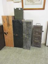 Three wooden carpenter's chests together with a cream painted military box and a brown metal