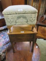 An upholstered sewing box on cabriole supports together with a distressed oak sewing box