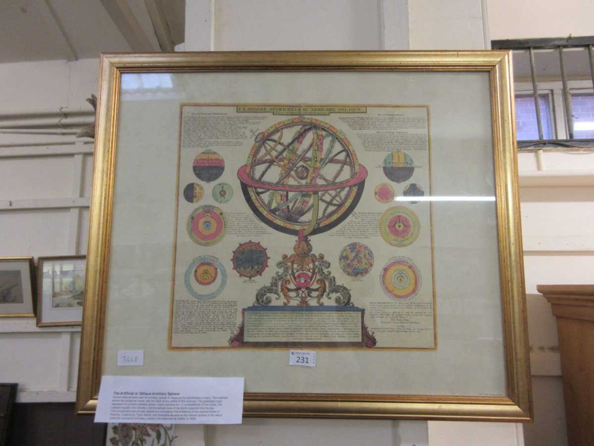 A framed and glazed print 'The Artificial or Oblique Armillary Sphere' (approximate translation)