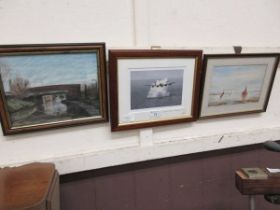 Three various framed photographs and watercolours of the Dam Busters, etc