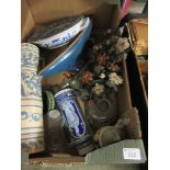 A tray of miscellaneous blue and white ornaments, model yacht, etc