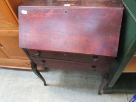 A stained beech drop leaf writing cabinet with two drawers on cabriole supports