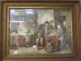 A large framed coloured engraving 'The Shop'