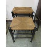 Two stained wood and rush seat stools