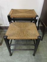 Two stained wood and rush seat stools