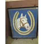 A metal framed public house sign depicting a white horse