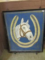 A metal framed public house sign depicting a white horse