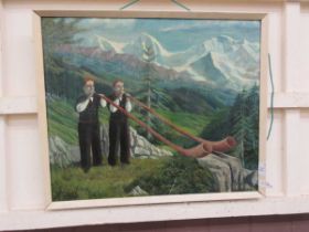 An oil on board 'Alpine horn musicians'