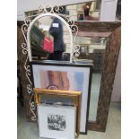 Three various framed mirrors and three framed prints