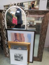 Three various framed mirrors and three framed prints