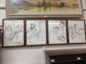 A set of four pen and ink musical pictures signed LHS 1990