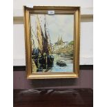 An oil on board of boats signed Wrint