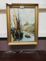 An oil on board of boats signed Wrint
