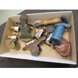 A box of collectibles including opera glasses, corkscrew, etc