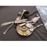 A bag of white metal flatware, tray, thimble, etc